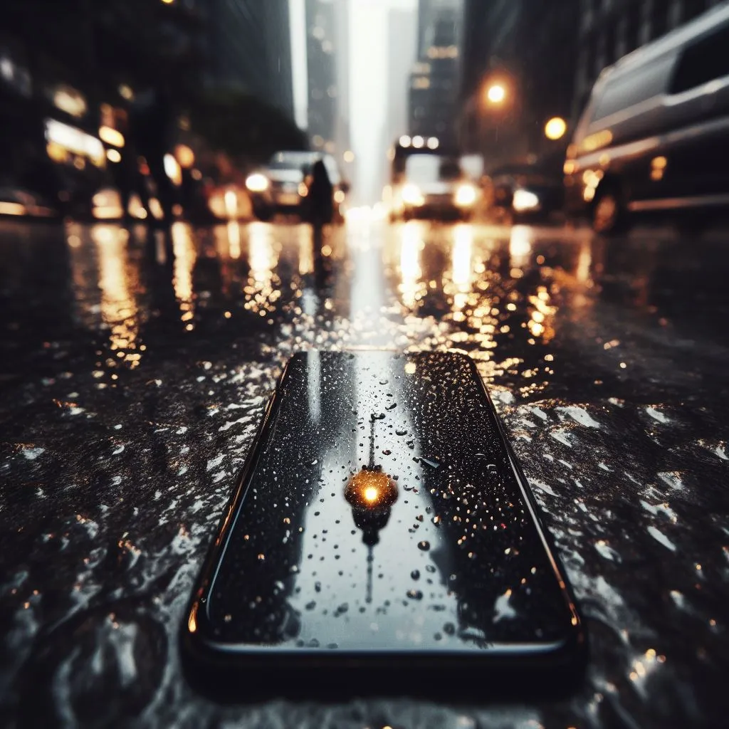 道端で雨に濡れるスマートフォン