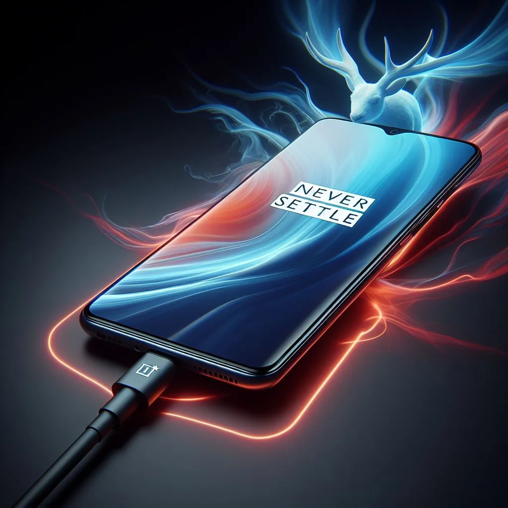 OnePlusの充電器を使って急速充電しているスマートフォン